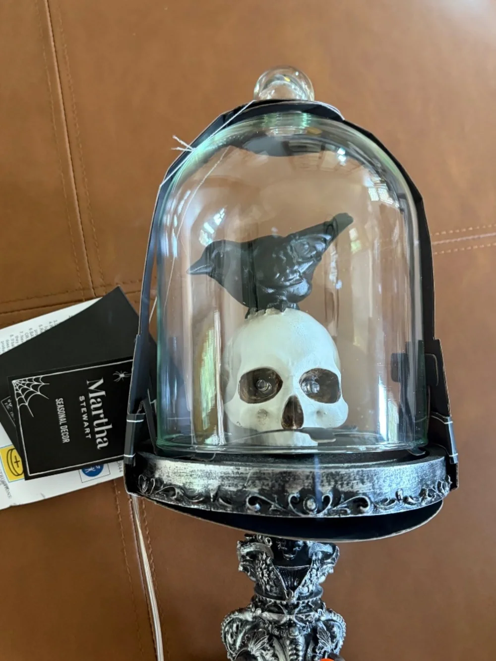Martha Stewart Halloween Cloche Light Up Skull Raven Pedestal NWT spooky decor